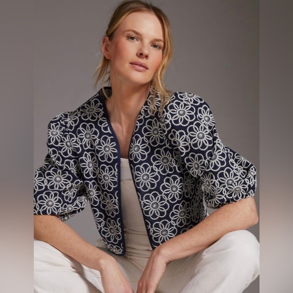Maeve Anthropologie Navy Embroidery Floral Cropped Draped Shrug Jacket One Size - Picture 13 of 16